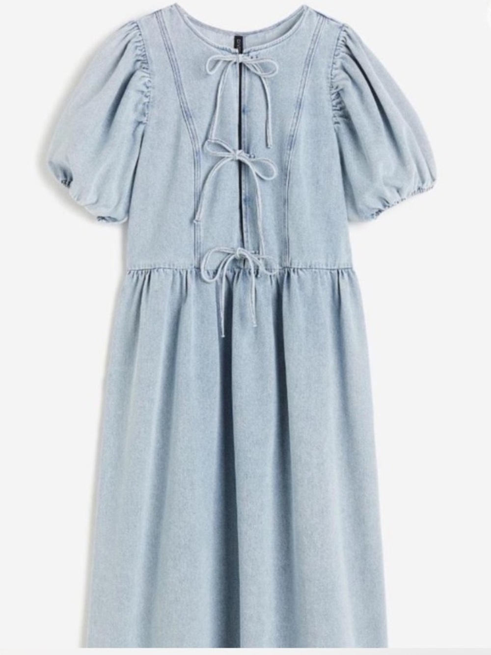 H&M Light Blue Puff-Sleeve Tie-Front Midi Dress